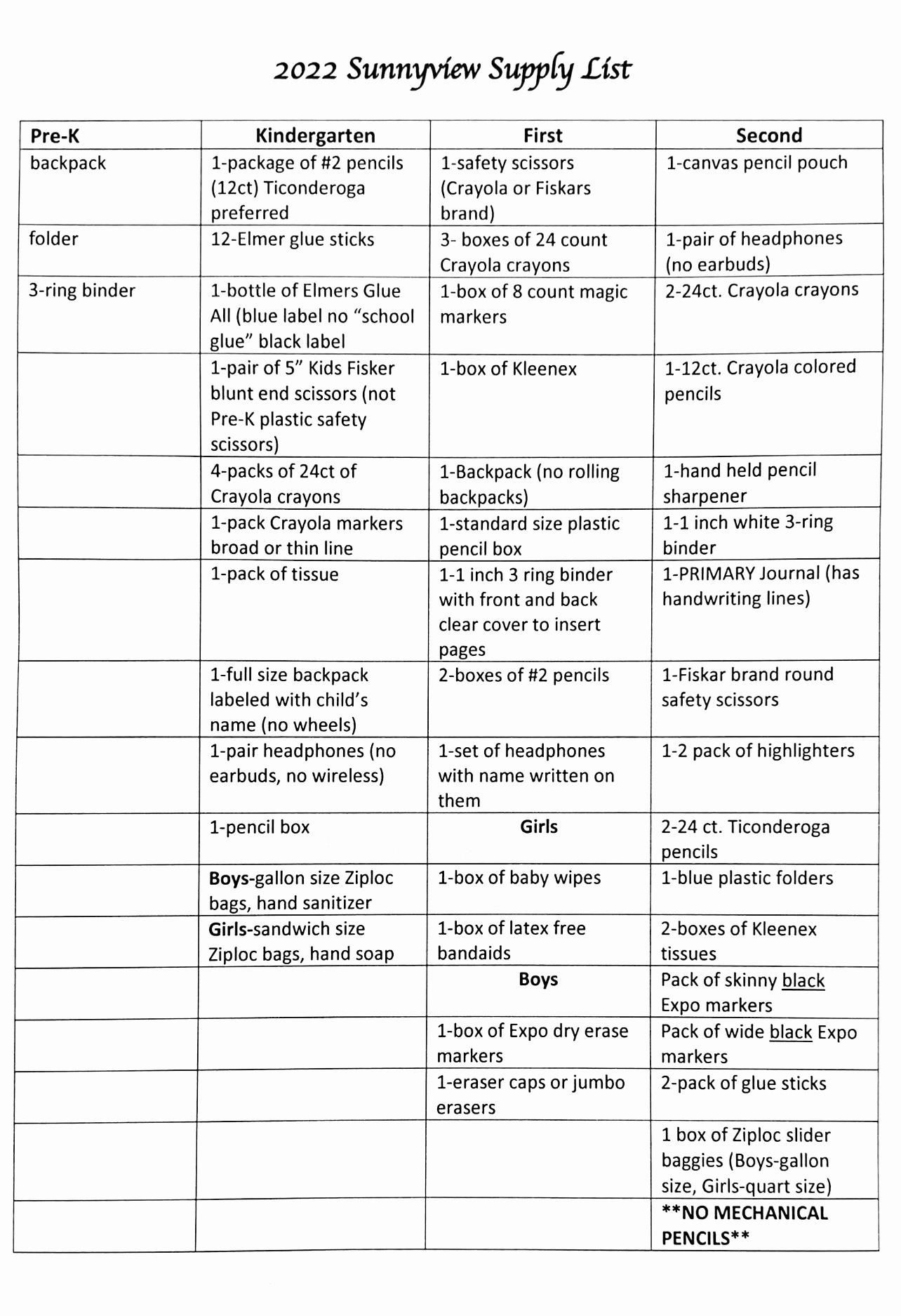 22-23 Supply Lists
